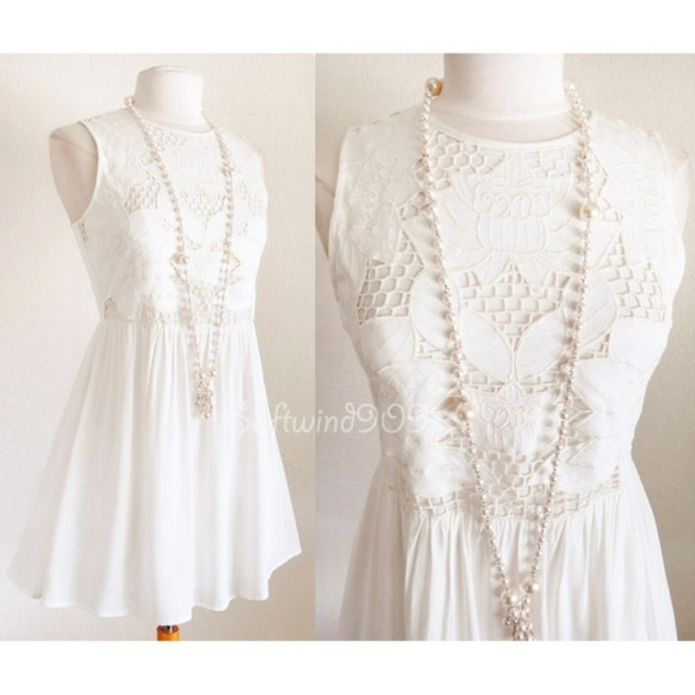 Ivory Cream Lotus Floral Embroidery Babydoll Dress - Picture 2 of 8